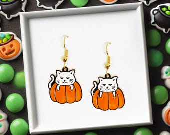 White Cat in Pumpkin Earrings - Halloween Accessories, Farm Life Charm, Autumn Lover Gift, Stardew Valley Inspired Jewelry-ERA-A071-2