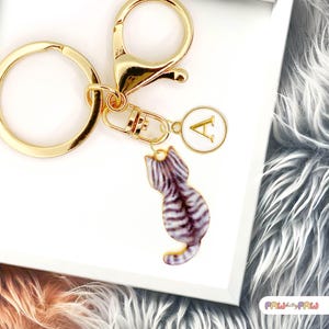 May include: Gold-coloured keyring with a cat charm. The charm is a small, detailed cat figurine with a white and brown striped pattern. The keyring also features a round charm with the letter "A".