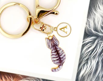 Enamel Keychain Grey Tabby Cat: Custom Initials, Kawaii Chic Design-K-A131-5