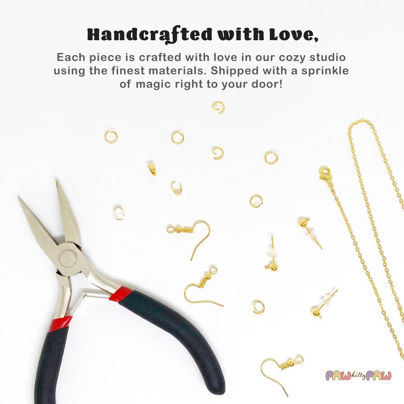 May include: A flat lay of jewelry making supplies on a white surface. The supplies include gold jump rings, earring hooks, a chain, and a pair of pliers. The text "Handcrafted with Love" is at the top of the image.