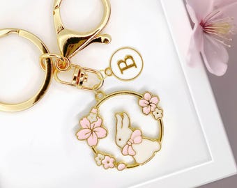 Bunny Cherry Blossom Keychain, Gold-Plated Enamel Rabbit Keyring, Personalized Monogram Floral Charm, Spring Bunny Accessory-K-A013-2