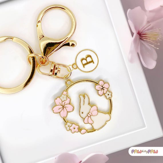 Bunny Cherry Blossom Keychain, Gold-plated Enamel Rabbit Keyring