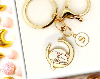 Sleeping White Cat on Crescent Moon Keychain – Cute Enamel Charm with Gold Finish, Celestial Cat Lover Gift Accessory-K-A046-1