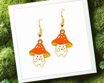 Orange Mushroom Dangle Earrings with Cute Kawaii Woodland Charm, Fun Autumn Jewelry Gift for Nature and Forest Lovers - ERA-A017-2