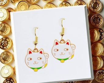 Maneki Neko Cat Earrings - Kawaii Good Luck Charm Jewelry for Cat Lovers and Business Owners - ERA-A100-1