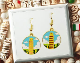 Tower of Pisa Dangle Earrings 18k Gold Plated Hook, Cute Jewelry Gift for Italy Lovers, Travel and History Inspired Accessory - ERA-A129-5