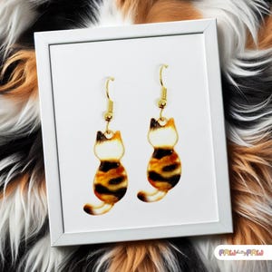 May include: A pair of dangle earrings featuring calico cat charms with white, orange, and black markings. The cat-shaped pendants are suspended from gold-toned metal fishhook wires. The earrings are displayed inside a white rectangular frame.