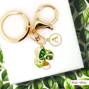 May include: Gold-tone keychain with a round key ring, lobster clasp, and a charm with the letter "A". A small charm of a potted plant with green and white leaves hangs below. The background is white with green leaves.