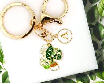 Cute Enamel Keychain Monstera Plant Custom Monogram Green Leaf Accessory - K-A016-2