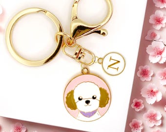 Poodle Dog Keychain Cute Puppy Face Charm Pink Background Gift for Dog Lovers Personalized Initial Gold Bag Accessory for Pet Moms-K-A055-5