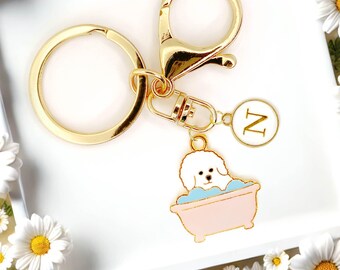 Fluffy Dog in Bathtub Keychain Cute Puppy Charm Personalized Gold Bag Clip Gift for Dog Moms Pet Lovers and Fun Accessories-K-A060-3