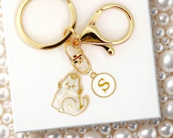 Elegant White Cat Keychain with Gold Whiskers Cute Sitting Kitty Charm Keyring for Cat Lovers Aesthetic Bag Accessory Gift-K-A053-2