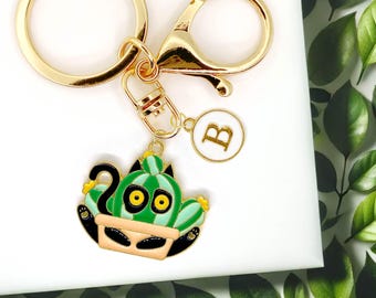 Funny Black Cat in Cactus Pot Keychain - Cute Enamel Plant Kitty Charm for Cat Lovers - Quirky Cat Key Ring Gift Accessory-K-A022-10