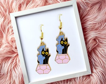 Black Cat with Purple Cactus in Pink Pot Dangle Earrings 18k Gold Plated Hook, Kawaii Jewelry Gift for Cat Lovers & Plant Ladies-ERA-A022-11