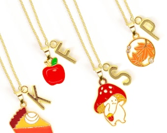 Autumn Lover Charm Necklace – Cozy Fall Jewelry Featuring Apple, Pumpkin Pie, Mushroom and Maple Leaf Charms for Seasonal Aesthetic-NCA-017