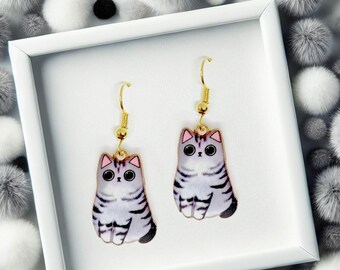 Cute Grey Tabby Cat Enamel Dangle Earrings - Kawaii Cat Lady Gift for Kitty Lovers, Adorable Grey Stripes Cat Jewelry-ERA-A004-5