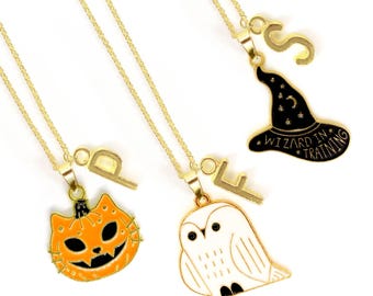 Wizard in Training Charm Necklace – Magic School Enamel Jewelry with Hedwig Owl, Pumpkin Cat, and Witch Hat for Fantasy Lovers-NCA-015
