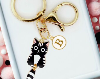 Cute Hanging Black Tuxedo Cat Enamel Keychain with Personalized Monogram Letter Charm, Trendy Bag Charm, Cute Gift for Cat Lovers-K-A003-2