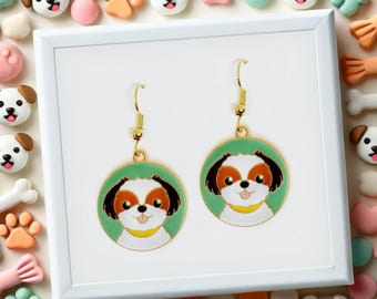 Shih Tzu Dog Dangle Earrings 18k Gold Plated Hook, Cute Jewelry Gift for Dog Lovers, Playful and Whimsical Accessory - ERA-A055-2