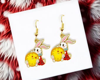 White Bunny Dangle Earrings with Clock Charm, Alice in Wonderland Inspired Jewelry, Cute Don’t Be Late Rabbit Earrings - ERA-A102-1