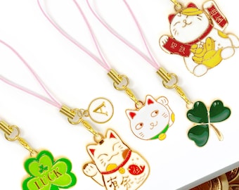 Cat Phone Charms – Personalized Lucky Cat Keyring, Kawaii Maneki Neko, St Patrick’s Day Clover Gift