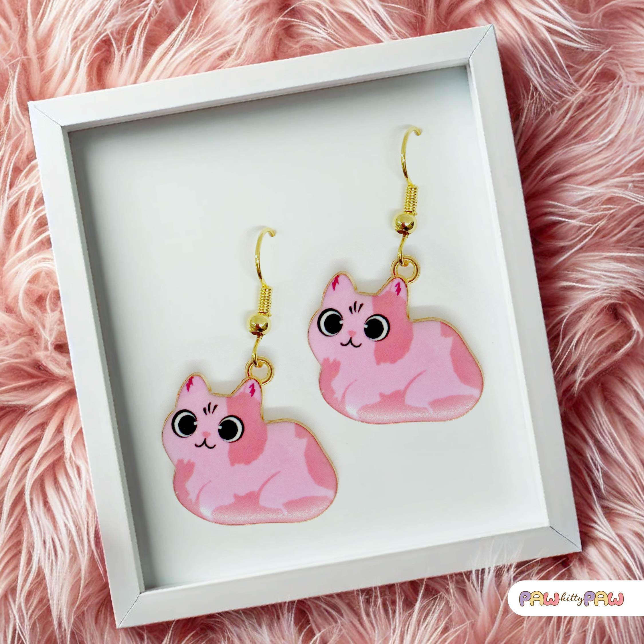 かわいいピンクの猫のエナメルイヤリング - Y2Kキティダングル