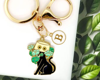 Black Cat with Plant Pot on Head Keychain - Cute Enamel Cat Charm - Botanical Cat Keyring - Aesthetic Plant Cat Accessory-K-A022-6