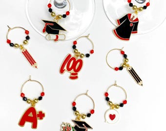 Graduation Wine Glass Charms – Set of 8 Academic Celebration Drink Markers for Graduation Party, Grad Gift, or Teacher Appreciation