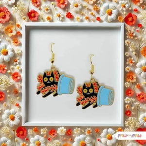 Schwarze Katze mit Pflanze Ohrringe 18k Vergoldete Haken, Kawaii Schmuck Geschenk für Katzenliebhaber und Pflanzendamen-ERA-A022-2