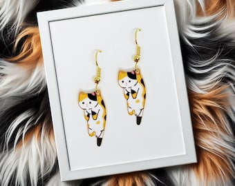 Kawaii Cat Dangle Earrings with 18k Gold Plated Hook, Cute Calico Cat Design for Pet Lovers, Fun Animal Jewelry Gift for Teens-ERA-A001-1