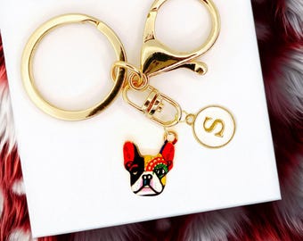 Colorful Bulldog Face Keychain - Vibrant Enamel Dog Charm with Gold Finish for Frenchie Lovers and Dog Mom Accessories-K-A027-1