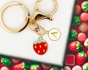 Cute Enamel Keychain: Red Strawberry with Custom Initials Monogram-K-A120-4
