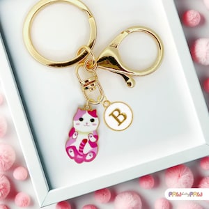 Lindo llavero de gato rosa esmaltado con monograma personalizado, divertido llavero kawaii chapado en oro, un regalo ideal para amantes de los gatos - K-A002-6