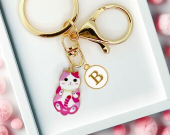Cute Pink Cat Enamel Keychain with Personalized Monogram Letter Charm, Fun Kawaii Gold-Plated Keyring, Cute Gift for Cat Lovers-K-A002-6