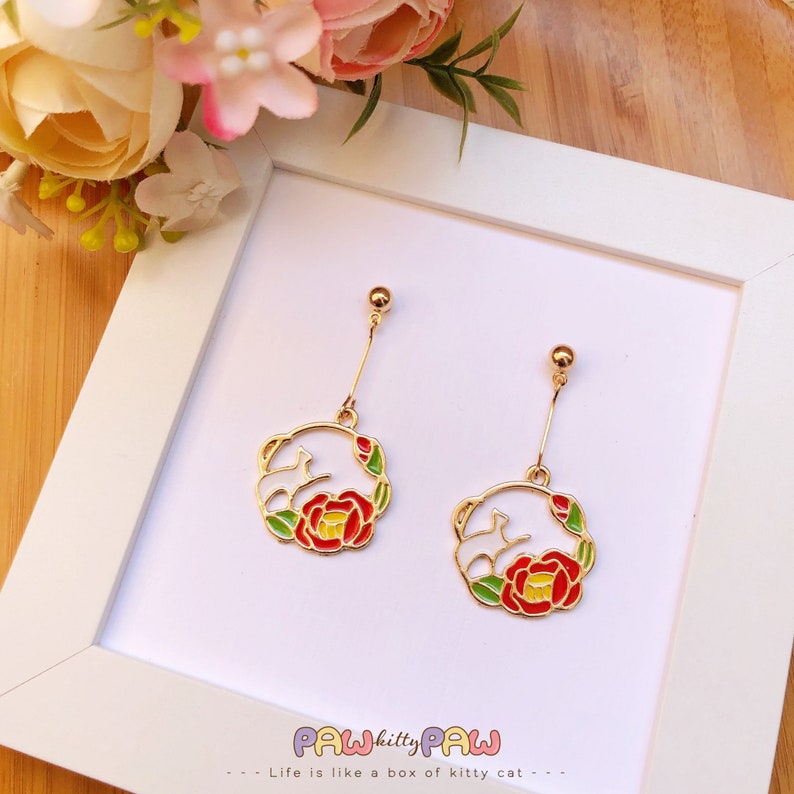 Red Camellia Flower Cat earrings kitty earrings white cat dangle earrings chic girl earrings red flower earrings cat lovers gift image 4