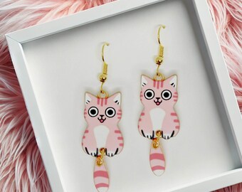 Pink cat dangle earrings 18k gold-plated hooks, featuring a cute and whimsical design, perfect for cat lovers and gifts-ERA-A003-6