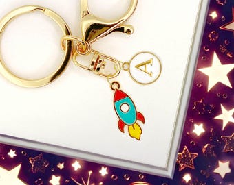 Rocket Ship Keychain with Custom Gold Initial Charm Colorful Space Theme Keyring Cute Astronaut Gift for Kids Boys or Science Fans-K-A119-1