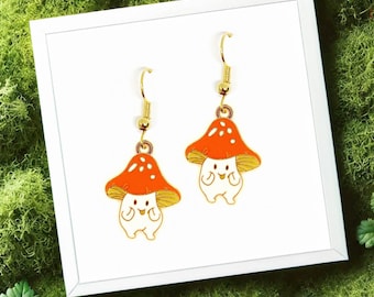 Orange Mushroom Dangle Earrings with Cute Kawaii Woodland Charm, Fun Autumn Jewelry Gift for Nature and Forest Lovers - ERA-A017-2
