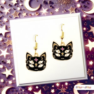Mystical Black Cat Face Dangle Earrings with Enamel Charm and 18k Gold Plated Hooks, Kawaii Jewelry Gift for Cat and Magic Lovers-ERA-A048-3