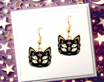 Mystical Black Cat Face Dangle Earrings with Enamel Charm and 18k Gold Plated Hooks, Kawaii Jewelry Gift for Cat and Magic Lovers-ERA-A048-3