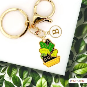 Lindo llavero esmaltado de gato negro en maceta con monograma personalizado, llavero kawaii chapado en oro, moderno dije para bolso - K-A009-2