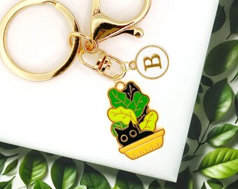 Cute Black Cat in Plant Pot Enamel Keychain with Personalized Monogram Letter Charm, Kawaii Gold-Plated Keyring, Trendy Bag Charm-K-A009-2