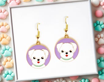 Maltese Dog Dangle Earrings 18k Gold Plated Hook, Cute Jewelry Gift for Dog Lovers, Playful and Fun Accessory - ERA-A055-9