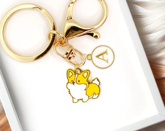 Cute Enamel Keychain: Corgi Dog with Custom Initial Monogram-K-A058-4