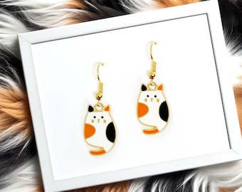 Calico Cat Enamel Dangle Earrings, cat lady jewelry -ERA-A112-1