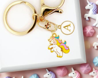 Cute Enamel Keychain: Pastel Rainbow Unicorn with Custom initials -K-A130-5