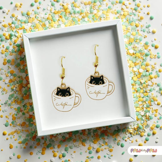 Orecchini A Gatto Nero In Tazza - Placcati Oro - Leggeri E Divertenti - Regalo Per Amanti Animali