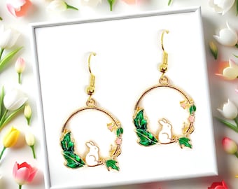 White Bunny Enamel Charm Earrings: 18k Gold Plated Forest Woodland Spring-ERA-A014-2