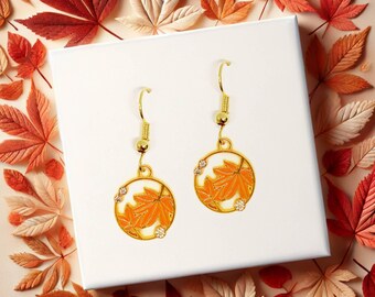 Maple Leaf Earrings Gold Enamel Dangle, Autumn Jewelry Gift, Canada Inspired Fall Statement Accessory - ERA-A133-1