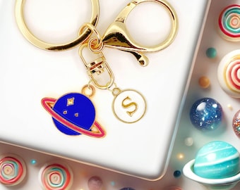 Blue Planet Keychain – Cosmic Charm with Red Ring and Stars, Space-Themed Accessory for Astronomy Lovers and Galaxy Dreamers-K-A042-5